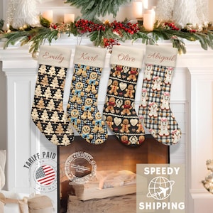 Personalized Kids Christmas Stockings Gingerbread Velvet Stocking with Name Cute Holiday Stockings for Boys Girls Grandkids Family Matching