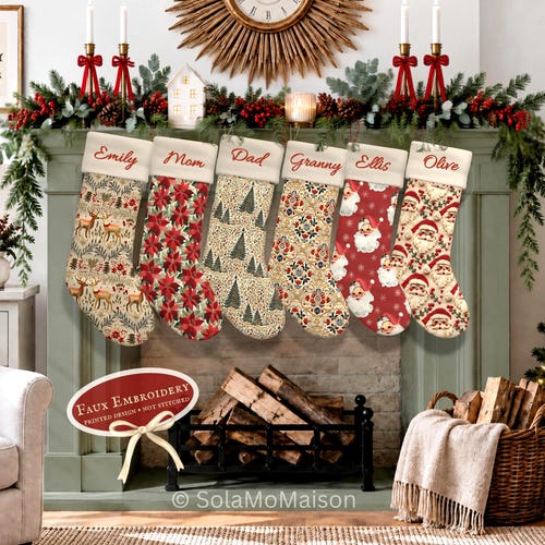 Scandinavian Christmas Stocking Personalized Holiday Decor Neutral Vintage Soft Printed Velvet Design Unique Handmade Xmas Gifts for Family