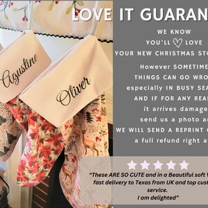 Personalized velvet Christmas stockings shown with a customer satisfaction guarantee explaining replacement or refund support if an order arrives damaged or has an issue.