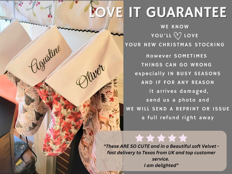 Personalized velvet Christmas stockings shown with a customer satisfaction guarantee explaining replacement or refund support if an order arrives damaged or has an issue.