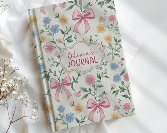 Coquette aangepaste naam wilde bloemen roze strik Gepersonaliseerd hardcover dagboek
