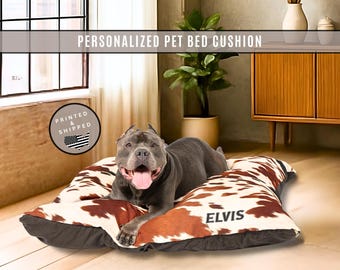 Personalized Cow Print Pet Bed Faux Cowhide Brown White Western Dog Bed Custom Name Cushion Gift for Dogs