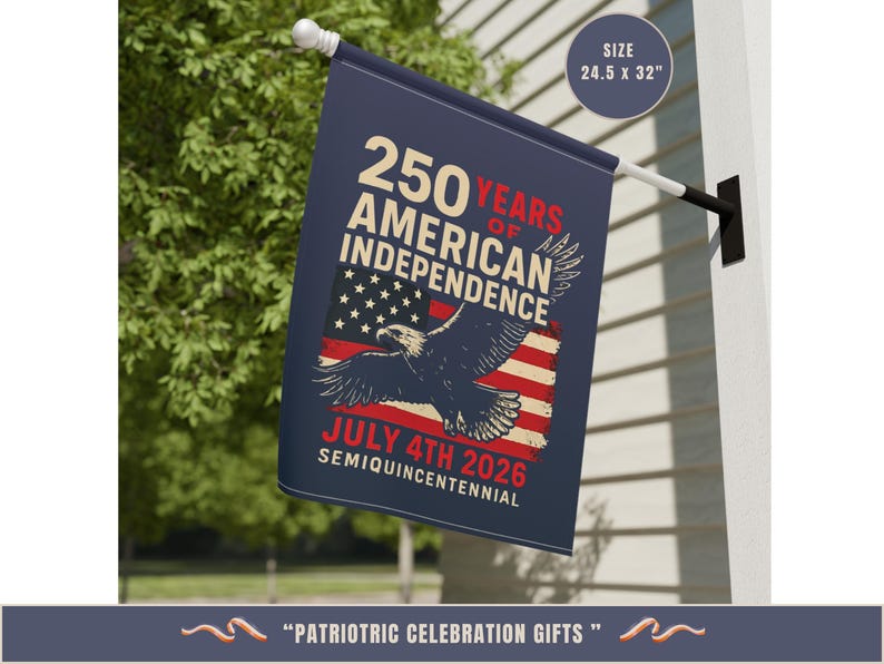 Patriotic garden flag celebrating American independence shown as gift idea for outdoor decor