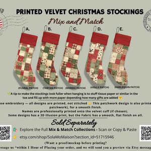 Five coordinating printed patchwork Christmas stocking designs in red, forest green and cream with personalized cuffs for mixing and matching family stockings.