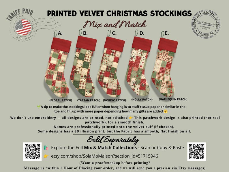 Five coordinating printed patchwork Christmas stocking designs in red, forest green and cream with personalized cuffs for mixing and matching family stockings.