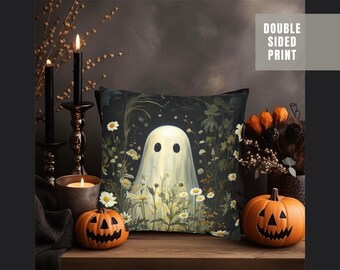 Floral Ghost Pillow Cover Dark Cottagecore Halloween Decor Moody Botanical Cushion Cover Spooky Fall Sofa Pillow Ghost Lover Gift