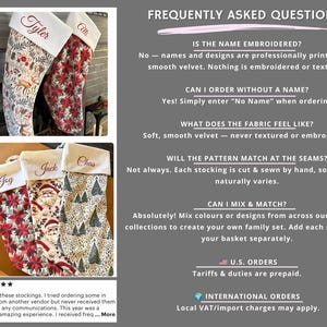 Frequently asked questions about personalized velvet Christmas stockings covering printed names, fabric texture, handmade variation, mix and match designs, tariffs and international orders.