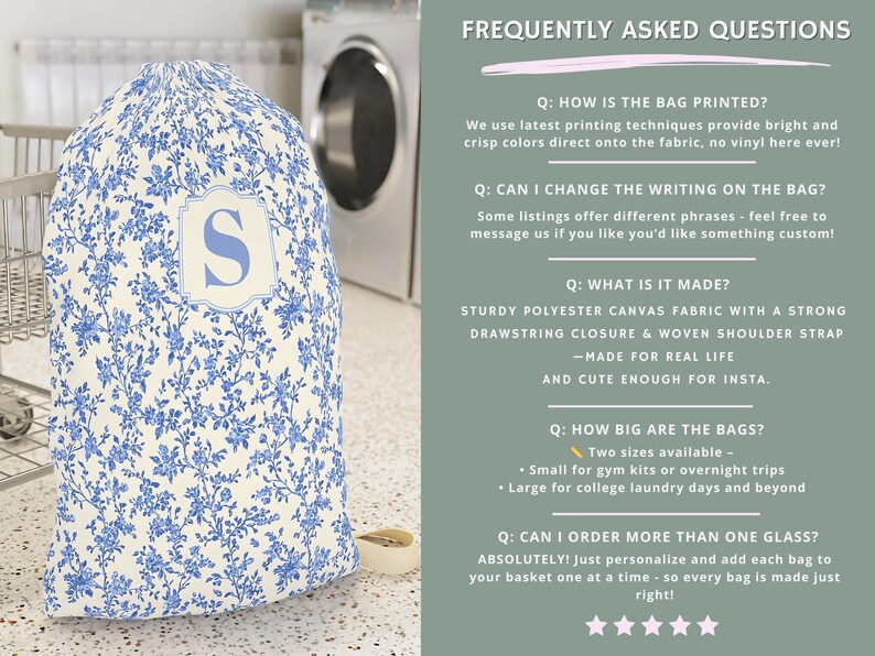 May include: A laundry bag with a blue floral pattern and a large letter "S" in a white frame. The bag is made of sturdy polyester canvas fabric with a drawstring closure and shoulder strap. The background includes a washing machine and a laundry cart.