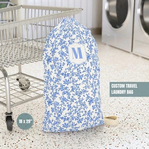 College Gift Personalized Laundry Bag Dorm Decor Toile De Jouy Sorority Big Little Custom Name Chinoiserie Laundry Room Back to School Gift Blue Toile de Jouy Fabric