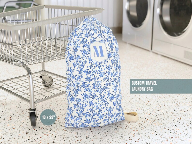 College Gift Personalized Laundry Bag Dorm Decor Toile De Jouy Sorority Big Little Custom Name Chinoiserie Laundry Room Back to School Gift Blue Toile de Jouy Fabric
