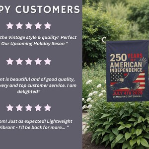 Customer review photo showing patriotic America 250 garden flag displayed in yard