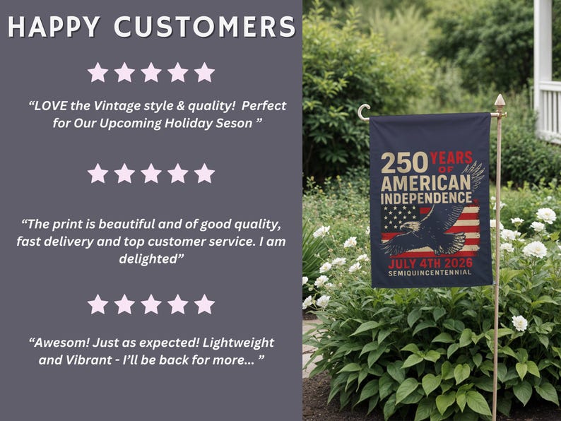 Customer review photo showing patriotic America 250 garden flag displayed in yard