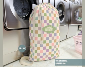 Retro College Laundry Bag Freshman Gift Pastel Checkered Canvas Sack Custom Dorm Essentials Hamper Boys Girls Teens Funky Sorority Decor