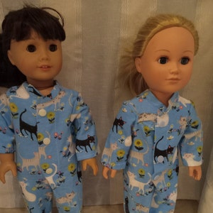 18-inch doll PJ's with feet, For the American and My Life dolls, Blue Pajamas with cats, For boy or girl dolls