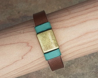 Women's Brown Leather Bracelet, Adjustable, Handmade, with Jade, Blue/Green Leather Slider, and Antique Brass Finishing's