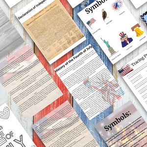 May include: A printable set of educational worksheets for kids about the history of the Fourth of July, including a tracing practice sheet, a page with symbols of the holiday, and a page with the Declaration of Independence.