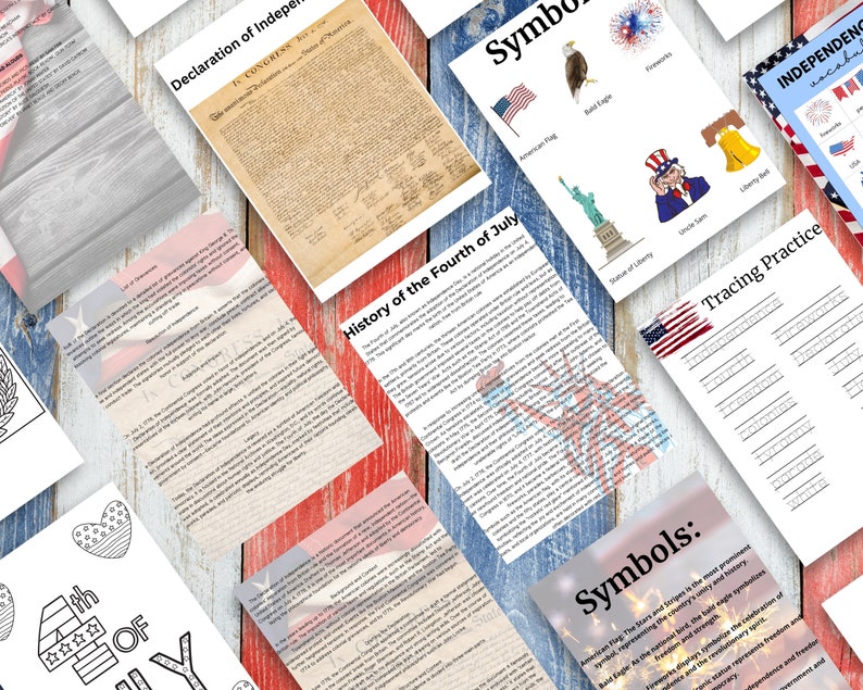 May include: A printable set of educational worksheets for kids about the history of the Fourth of July, including a tracing practice sheet, a page with symbols of the holiday, and a page with the Declaration of Independence.