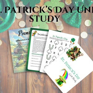 May include: A St. Patrick's Day unit study with three printable worksheets. The worksheets include poems about leprechauns, a word search, and a maze. The worksheets are decorated with shamrocks, rainbows, and leprechaun hats.