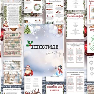 Puede incluir: Un estudio unitario de Navidad con hojas de trabajo y actividades coloridas. Las hojas de trabajo incluyen información sobre las tradiciones navideñas, los símbolos y el verdadero significado de la Navidad. También hay actividades como búsquedas de palabras, laberintos y páginas para colorear.