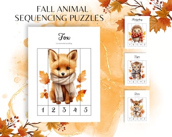 May include: Five printable sequencing puzzles featuring fall animals. Each puzzle has five pieces and features a fox, hedgehog, tiger, and deer wearing a scarf. The puzzles are labeled with the animal's name and numbered 1-5.