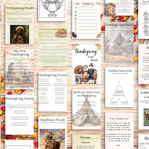 May include: A collection of printable Thanksgiving-themed educational worksheets for kids. The worksheets include activities like tracing, word searches, dot-to-dot, and coloring pages. The worksheets feature images of turkeys, pilgrims, and Native Americans.