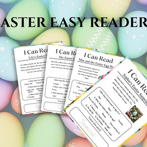 May include: Four printable Easter-themed reading activity sheets with colorful illustrations and text. The sheets feature activities like tracing words, reading simple sentences, and answering questions. The text on the sheets includes "I Can Read", "Lily's Easter Parade", "The Easter Chick", "Max and the Easter Egg Hunt", and "Sophie's Easter Surprise".