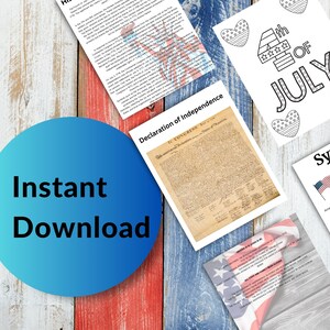 May include: A digital download of printable 4th of July themed educational worksheets. The worksheets include a history of the Declaration of Independence, American symbols, and a coloring page of the 4th of July.