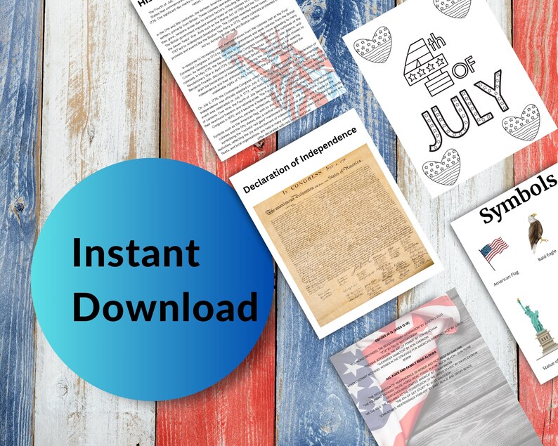 May include: A digital download of printable 4th of July themed educational worksheets. The worksheets include a history of the Declaration of Independence, American symbols, and a coloring page of the 4th of July.