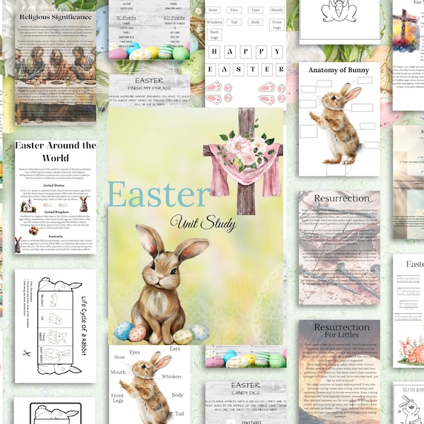 Easter Unit Study, Homeschool, Preschool, K-12, INSTANT DOWNLOAD, Printable, Kids, Easter, Cross, Bible, Worksheets