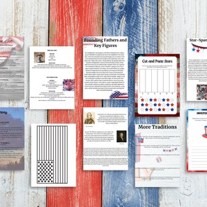 May include: A set of printable educational worksheets for kids about American history and traditions. The worksheets feature images of the American flag, fireworks, and a hat. The text includes "Founding Fathers and Key Figures", "Star-Spangled Banner", "Poems", "Cut and Paste Stars", "More Traditions", and "Independence Day".