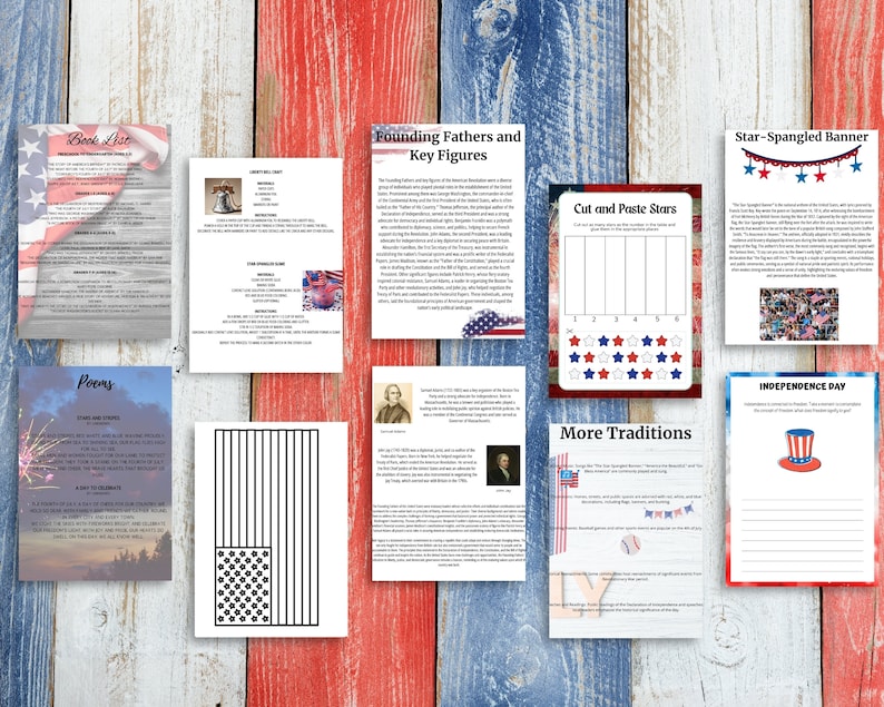 May include: A set of printable educational worksheets for kids about American history and traditions. The worksheets feature images of the American flag, fireworks, and a hat. The text includes "Founding Fathers and Key Figures", "Star-Spangled Banner", "Poems", "Cut and Paste Stars", "More Traditions", and "Independence Day".
