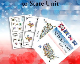 May include: A set of educational materials for learning about the 50 United States. The set includes a map of the United States, a worksheet with a state outline, and a worksheet with state facts. The worksheets feature a state flag and a picture of a state landmark. The materials are printed on white paper with black text and images.