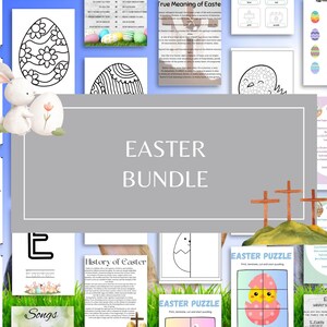 May include: An Easter-themed bundle featuring educational printables, puzzles, and coloring pages. The image includes a bunny illustration, decorated Easter eggs, and the text "EASTER BUNDLE". The bundle is designed for Easter activities.