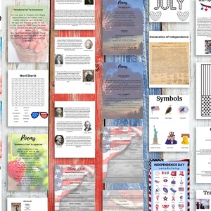 May include: A collection of printable worksheets and activities for celebrating Independence Day. The worksheets feature poems, word searches, coloring pages, and a vocabulary list. The theme is patriotic with red, white, and blue colors.