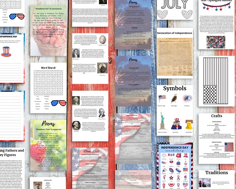 May include: A collection of printable worksheets and activities for celebrating Independence Day. The worksheets feature poems, word searches, coloring pages, and a vocabulary list. The theme is patriotic with red, white, and blue colors.