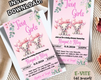 Twin Girls Baby Shower Invitation Template | Editable Canva Invite | Digital Download | Pink Twins Evite