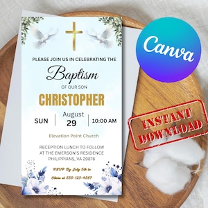 Invitación de bautismo para niño editable / Invitación de bautizo con flores azules / Tarjeta de bautismo imprimible / Descarga digital para bebé niño