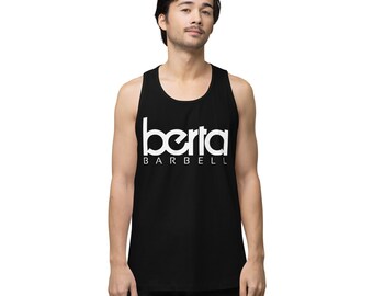 Può includere: Canotta nera con un logo bianco che dice "berta BARBELL" in un font stilizzato.
