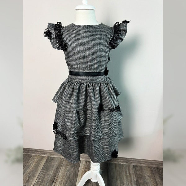 Robe chic en laine métallisée pour tout-petit - Confort flexible avec nœuds en satin et dentelle - Vêtements événementiels élégants pour enfants