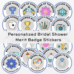 Personalized Bridal Shower Stickers: Merit Badge Party Favors