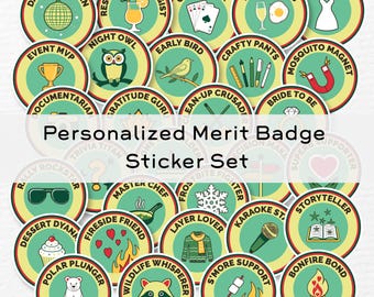 May include: A set of 24 round merit badge stickers with various designs and text. The stickers are yellow, green, and red with white text. The text on the stickers includes "Dancing Queen", "Event MVP", "Resident Mixologist", "Card Shark", "Brunch Boss", "Fashion Icon", "Night Owl", "Early Bird", "Crafty Pants", "Mosquito Magnet", "Documentarian", "Gratitude Guru", "Bean-Up Crusader", "Bride to Be", "Trivia Titan", "Rally Rockstar", "Master Chef", "Frostbite Fighter", "Layer Lover", "Karaoke Star", "Storyteller", "Dessert Dynamo", "Fireside Friend", "Polar Plunger", "Wildlife Whisperer", "S'more Support", and "Bonfire Bond".