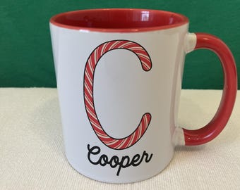 Personalized Candy Cane Initial Mug, Custom Christmas Coffee Cup
