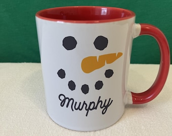 Personalized Snowman Face Mug, Custom Winter Coffee Cup, Kids Christmas Hot Cocoa