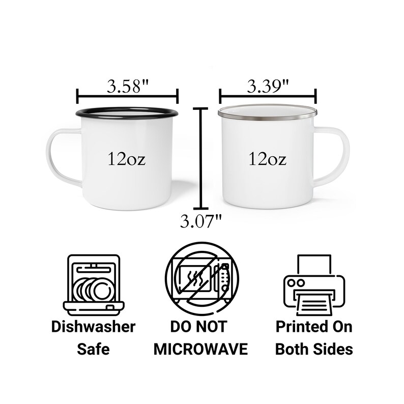 Puede incluir: Dos tazas de esmalte blancas de 12 oz con bordes negros y plateados, cada una con un asa. Las tazas miden 9,09 cm y 8,61 cm de di&aacute;metro y 7,8 cm de altura. Apto para lavavajillas, pero no para microondas. Impreso por ambas caras.