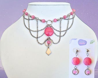 Pink Diamond Drop Necklace + Earrings Set | Pink Fairycore Layered Choker