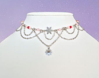Pink Daisy Choker Necklace | Delicate Pink Floral Fairycore Layered Necklace