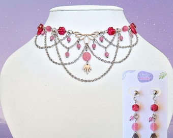 Rosy Bloom Necklace + Earrings Set | Pink Floral Fairycore Layered Choker