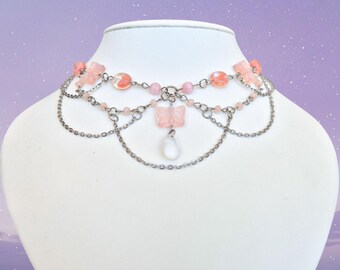 Pink Butterfly Choker Necklace | Pink Fairycore Layered Choker, Butterfly Jewelry