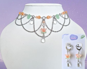 Orange Spring Blossom Necklace Set | Orange Floral Layered Choker, Fairycore Cottagecore Jewelry