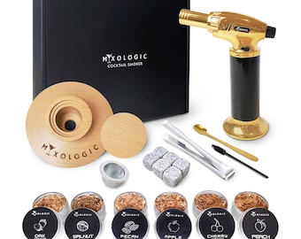 MIXOLOGIC Cocktail Smoker Kit with Torch, 6 Wood Chips, Whiskey Stones & Accessories, Old Fashioned Whisky Smoking Set, Drinks Infuser